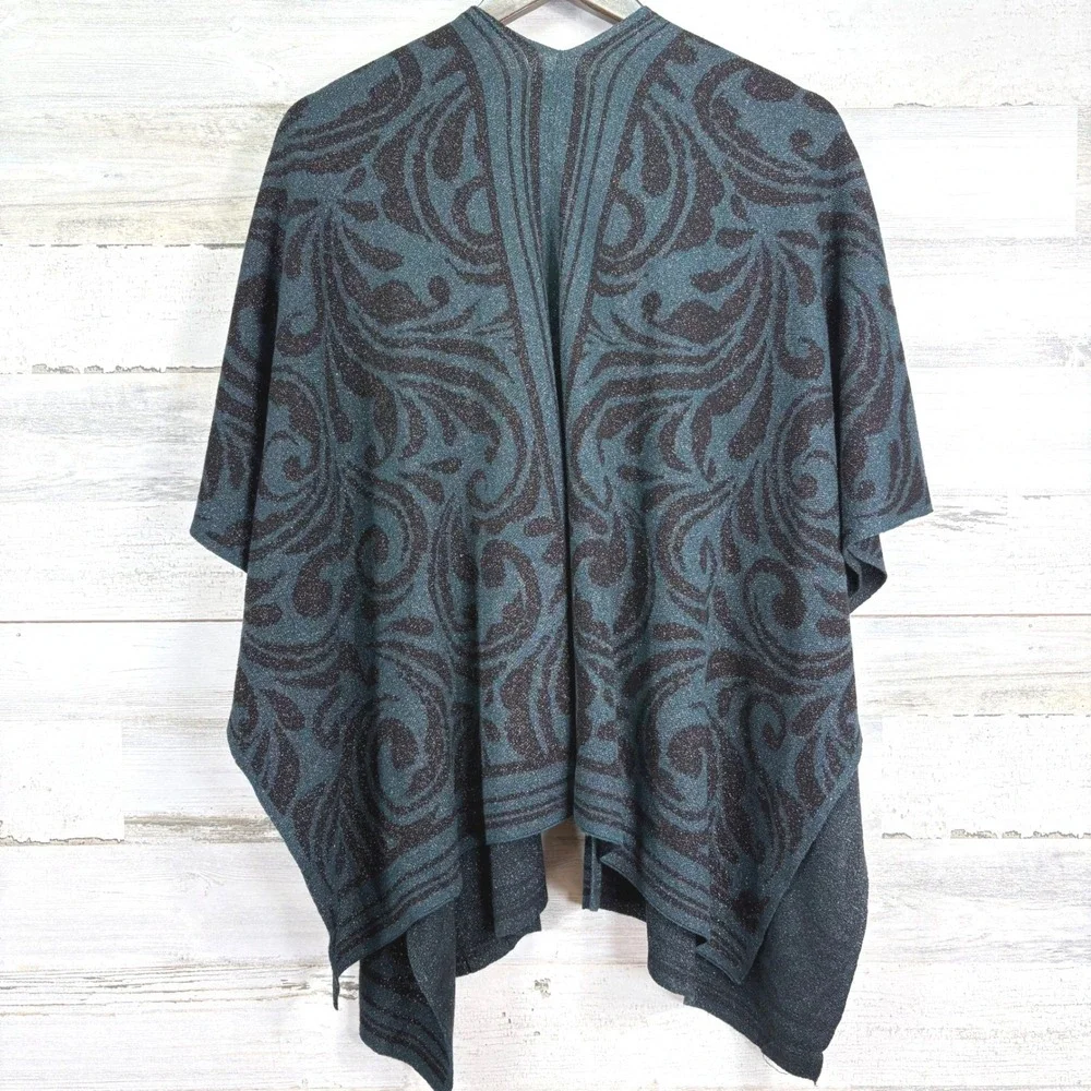 Chicos‎ Womens One Size Metallic Swirl Knit Open Front Poncho Cape Teal Black